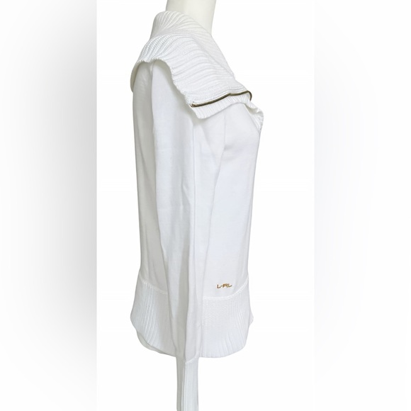 Lauren Ralph Lauren White Nautical Sweater W’s Small Gold Zip Rib Knit LRL Logo - Picture 2 of 9